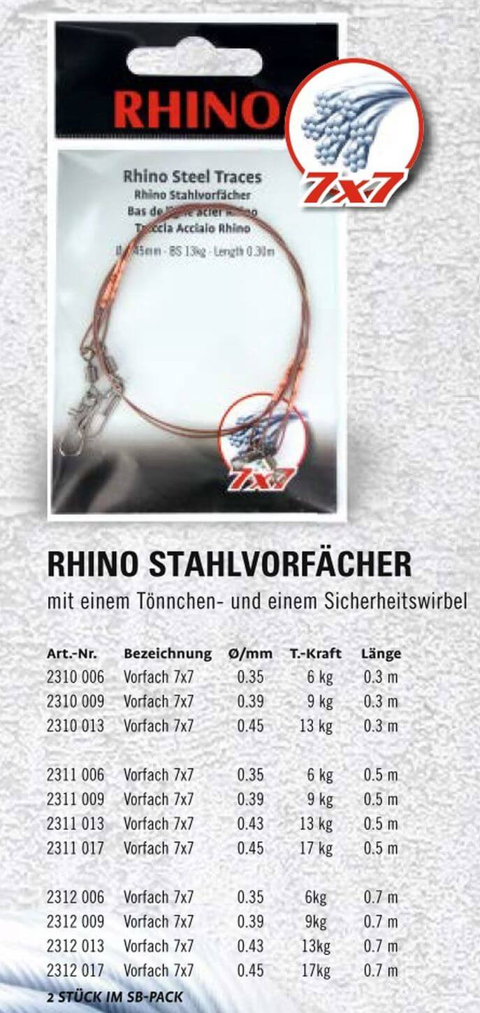 5kg 17 kg 30cm-70cm Tragkraft Rhino Edelstahl Vorfach 2 Stück 1x7 und 7x7 